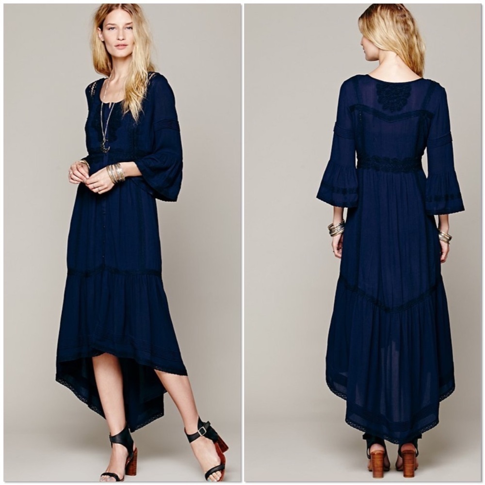 Free People navy boho three quarter bell sleeve maxi dress 2 - Picture 8 of 12